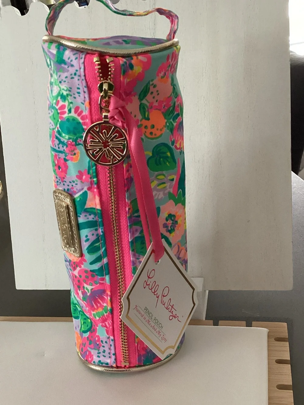 Lilly Pulitzer Tropical Floral Cylinder Pouch - Turquoise & Pink